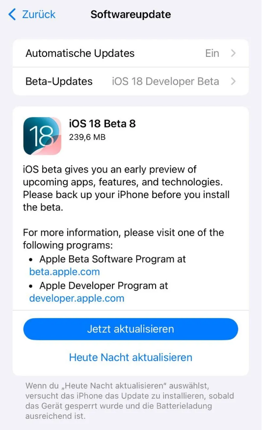 呈贡苹果手机维修分享苹果 iOS / iPadOS 18 开发者预览版 Beta 8 发布 